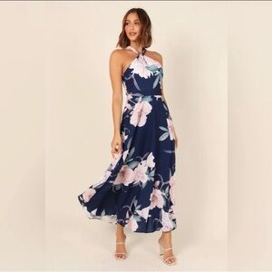 Petal & Pup Miara Floral Maxi Dress Size 6 Navy Blue Halter Neck  With Slit NWT